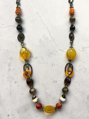 Ruby Rd Beaded Statement Necklace Amber Red Gold Chunky Boho 17.5”